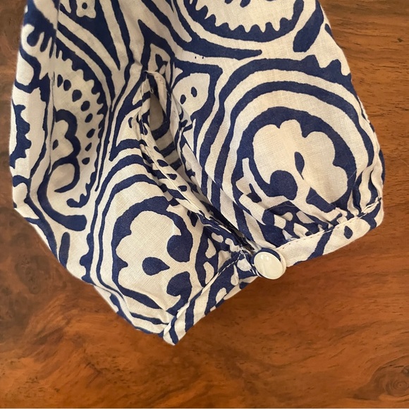 Talbots Blue Yellow White Beaded V-neck Tunic Top Size M Adjustable Sleeve - Picture 12 of 17